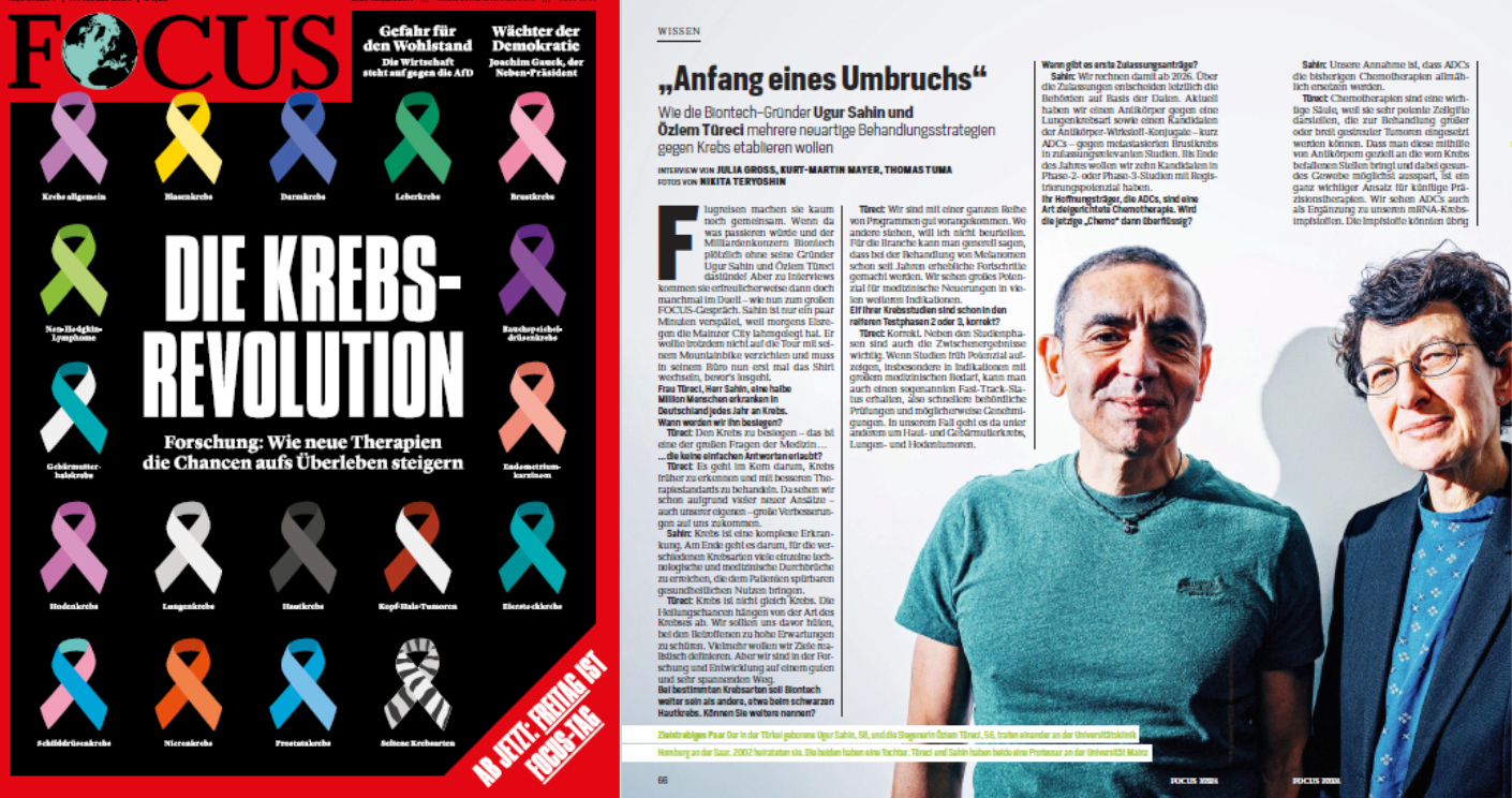 Der „Focus"-Titel „Die Krebsrevolution" beinhaltete unter anderem ein Interview mit den Biontech-Gründern Uğur Şahin und Özlem Türeci über die Behandlungsmöglichkeiten von Krebs. © Focus