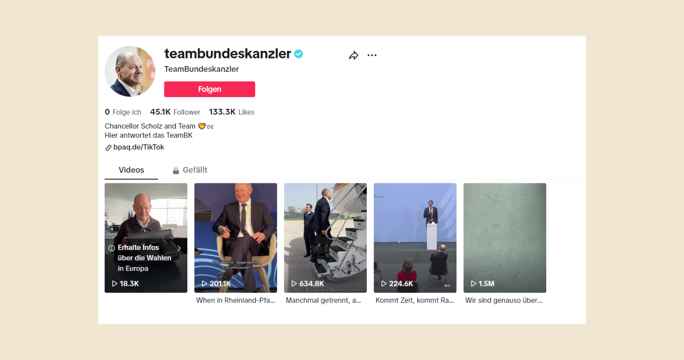 Der Kanal des Bundespresseamts mit dem Namen „Team Bundeskanzler". © Screenshot Quadriga Media Berlin