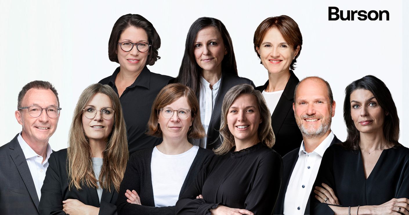 Das neue Führungsteam von Burson Deutschland. Oben von links: Miriam Holbe, Giovanna Di Greci und Catherine Dächert-Tessier; unten von links: Udo Becker, Simone Bröker, Nora Haak, Anne-Kathrin Fritz, André Wigger und Katrin Weisbach. © Burson