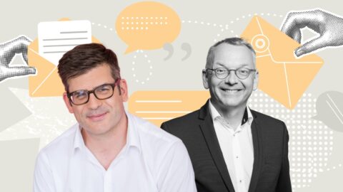 Erinnern sich an die Anfänge von E-Mail und Corporate Newsroom: Philipp Schindera und Christoph Moss. © Getty Images/Natalya Kosarevich; Mareen Fischinger; privat; Collage: Quadriga Media