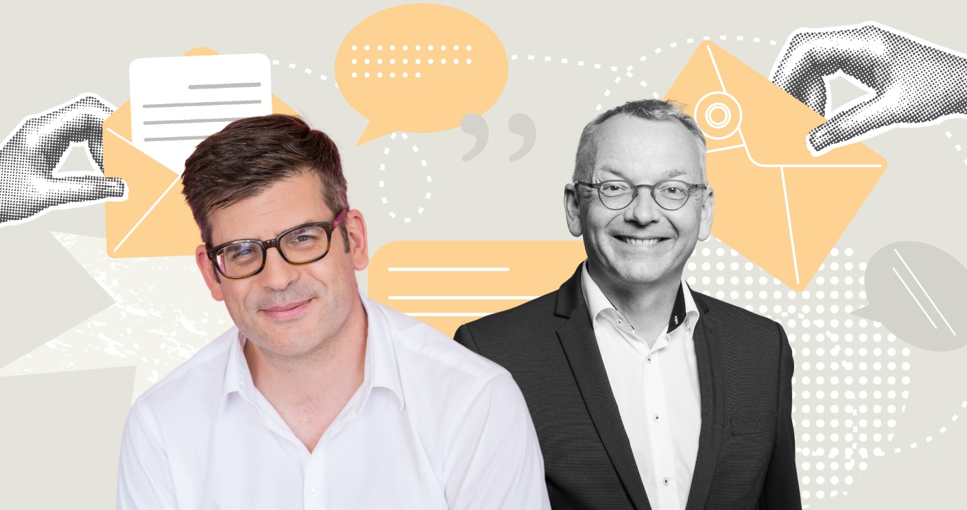 Erinnern sich an die Anfänge von E-Mail und Corporate Newsroom: Philipp Schindera und Christoph Moss. © Getty Images/Natalya Kosarevich; Mareen Fischinger; privat; Collage: Quadriga Media
