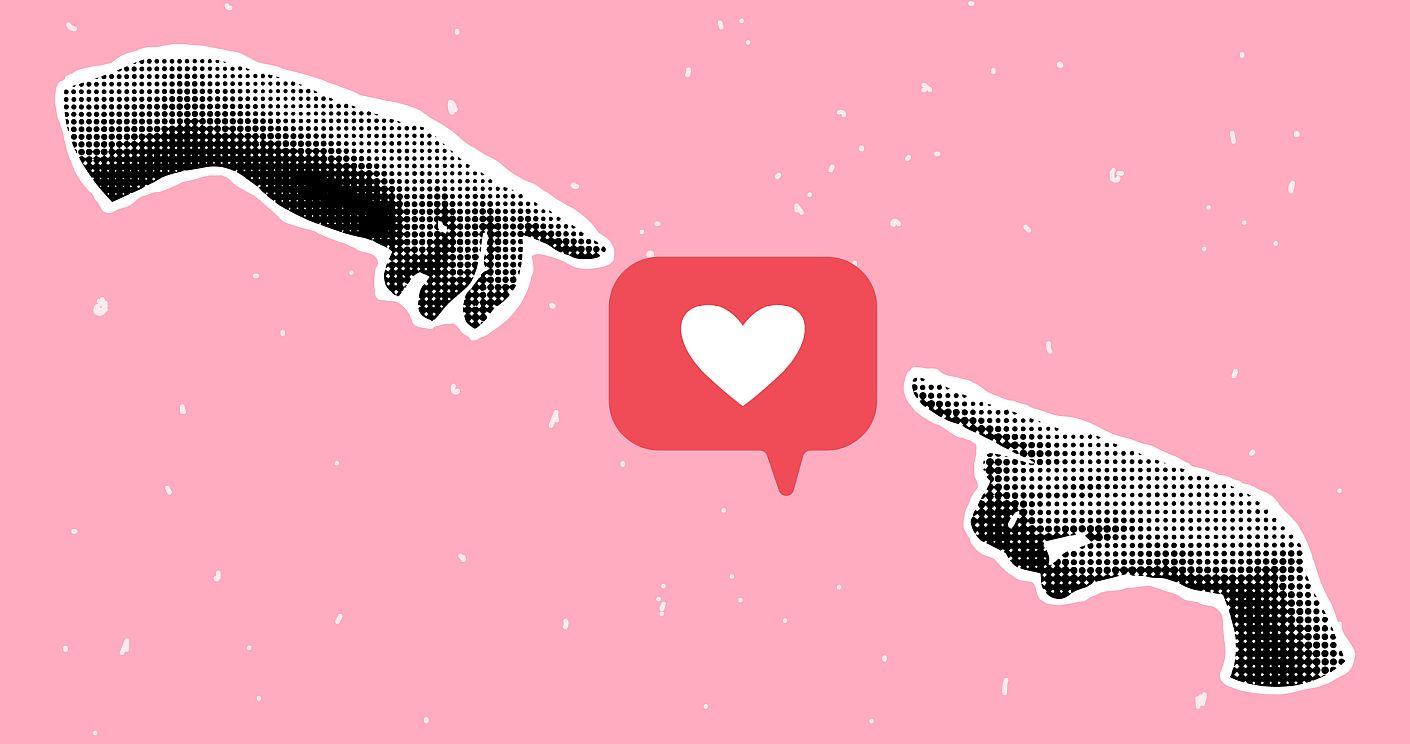 Moderne Collage mit zwei Händen, die beide auf einen Like-Button zeigen. Dazu die Bildunterschrift: Dasselbe Video kann auf Tiktok als auch auf Instagram funktionieren. Wenn die unterschiedlichen Bedürfnisse berücksichtigt werden. © Getty Images/Alona Horkova