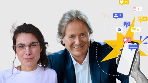 Erinnern sich an prägende technologische Meilensteine: Anna-Lena Müller und Frank Behrendt. © Dominik Bedat; Serviceplan; Getty Images/Hase-Hoch-2; Collage: Quadriga Media