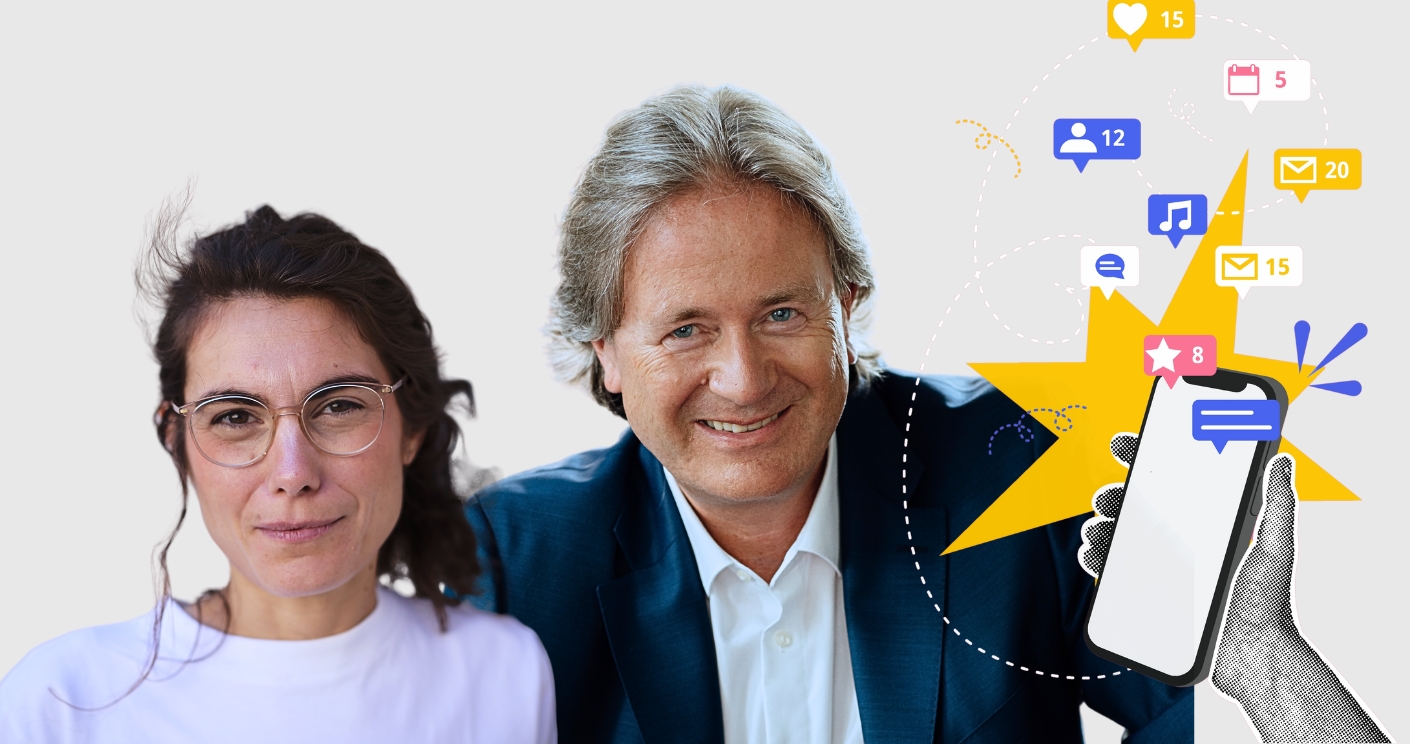 Erinnern sich an prägende technologische Meilensteine: Anna-Lena Müller und Frank Behrendt. © Dominik Bedat; Serviceplan; Getty Images/Hase-Hoch-2; Collage: Quadriga Media