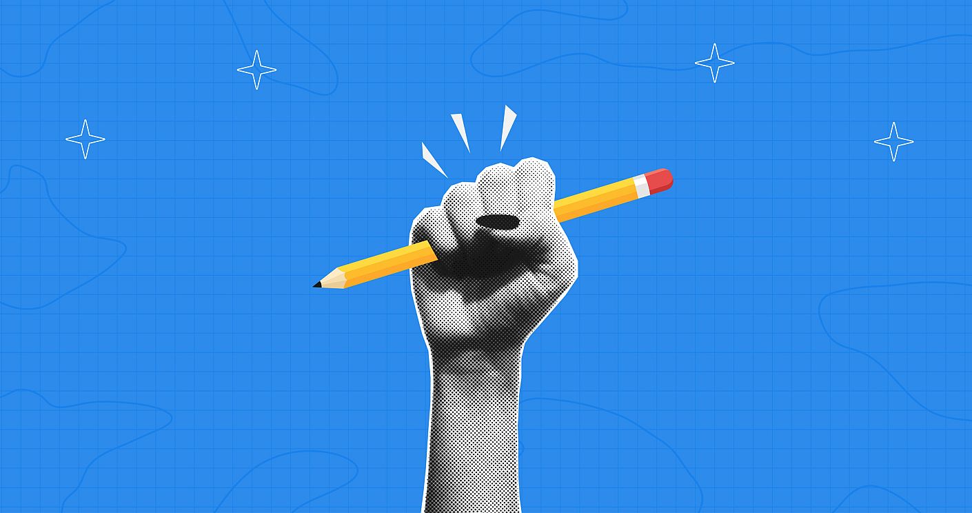Eine Faust umklammert einen Bleistift. Dazu die Bildunterschrift: Der Gastbeitrag ist eine journalistische Form von PR. Ein klares Briefing ist das A und O. (c) Getty Images/Roman Prysiazhniuk