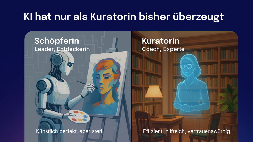 Illustration von KI als Schöpfer und Kurator, mit einem Roboter, der malt, und einer menschlichen Figur in einem Bücherr...