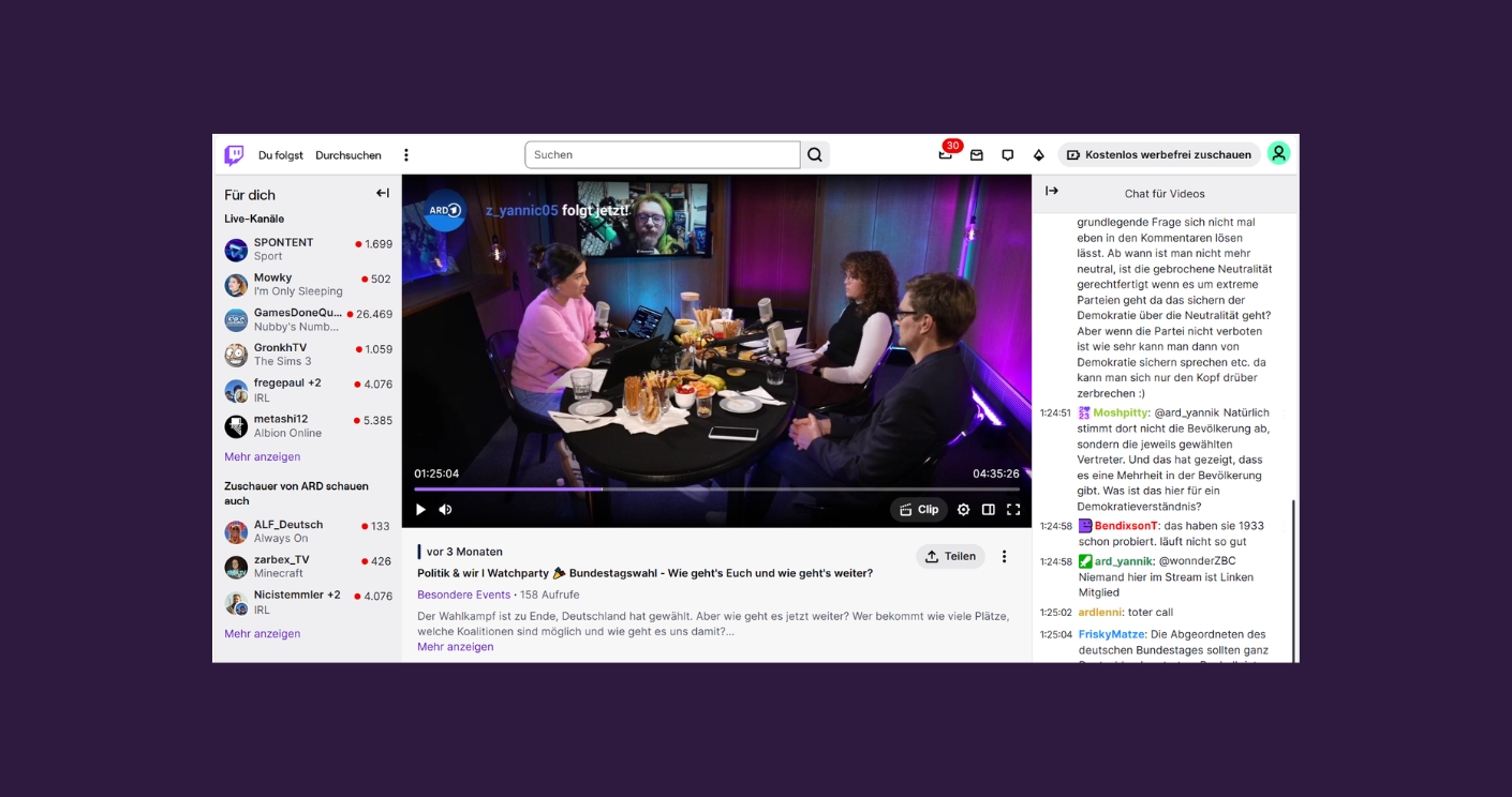 Zur letzten Bundestagswahl veranstaltete die ARD mehrere Watchpartys auf Twitch. © Screenshot Twitch/@ard
