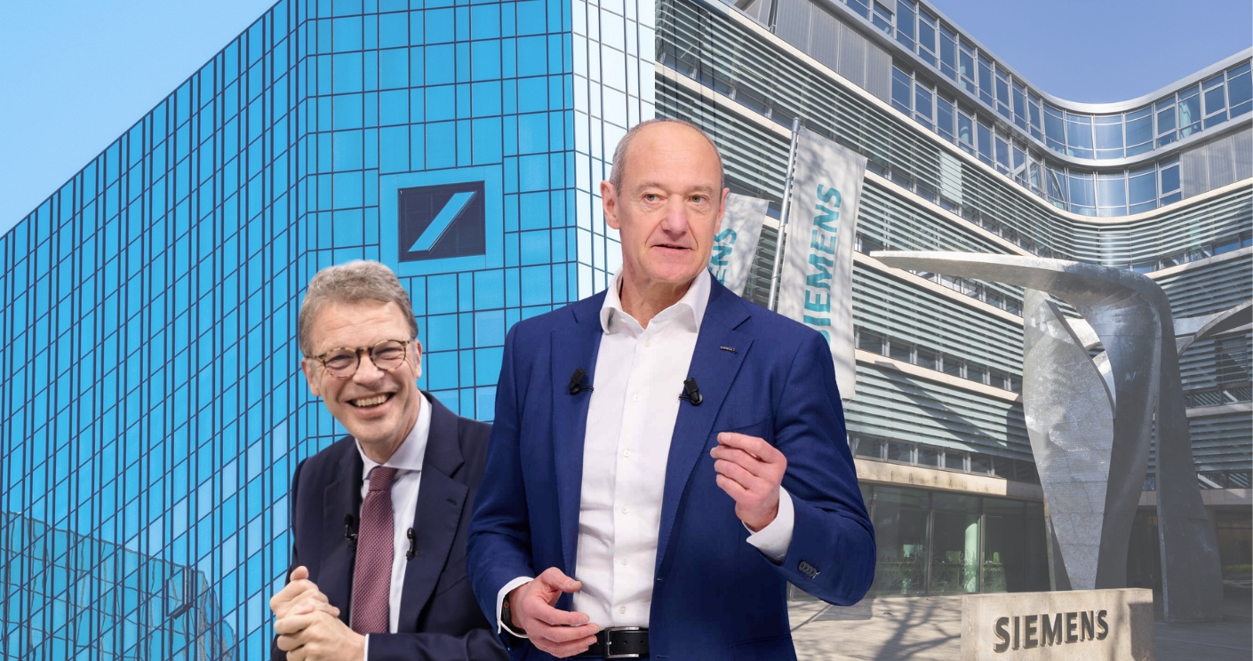 Collage von Deutsche Bank-Chef Christian Sewing und Siemens-Chef Roland Busch. Im Hintergrund die Firmensitze mit ihren Logos. Dazu die Bildunterschrift: Zwei der Initiatoren: Deutsche-Bank-Chef Christian Sewing und Roland Busch von Siemens. © Deutsche Bank; Lennart Preiss/Siemens; Getty Images/Victor Golmer; Getty Images/chris-mueller