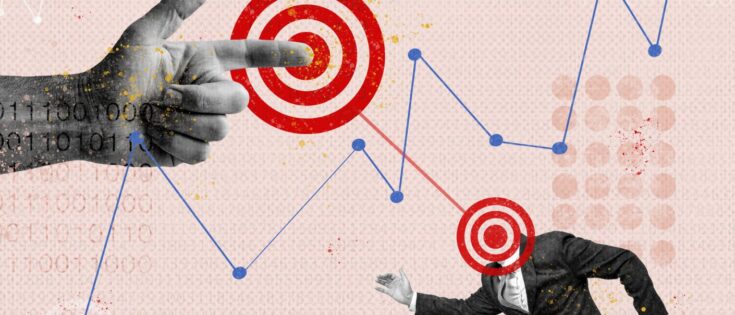 Kreative Collage mit einem Fingerzeig auf Zielscheiben und einem Mann, der einer aufsteigenden Grafik folgt. Dazu die Bildunterschrift: Bezahlte Werbung ja, Social-Media-Auftritt pflegen nein: Fast jedes zweite Unternehmen empfindet den Aufwand für Social-Media-Marketing als zu hoch. © Getty Images/serggn