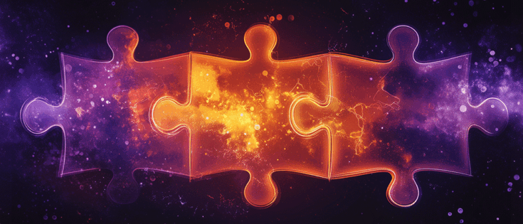 Drei leuchtende Puzzlestücke in lila und orange auf einem dunklen, galaktischen Hintergrund.