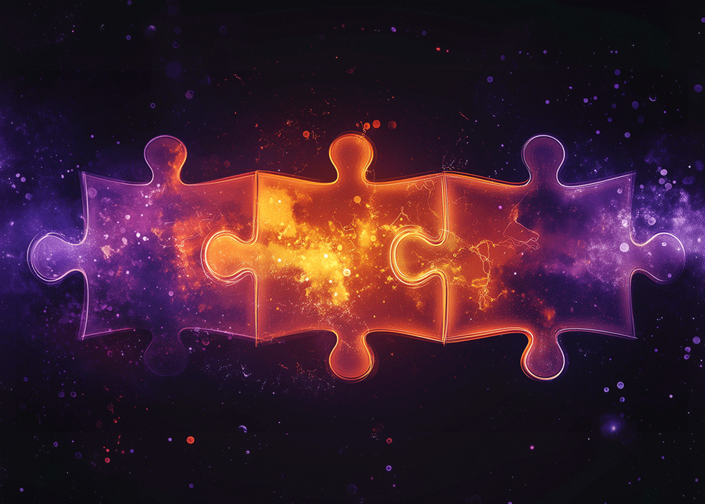 Drei leuchtende Puzzlestücke in lila und orange auf einem dunklen, galaktischen Hintergrund.