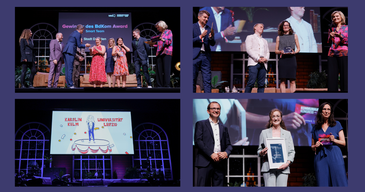 Collage von Preisverleihungen: Menschen auf der Bühne, Urkundenübergaben, festliche Atmosphäre, BdKom Award 2025.