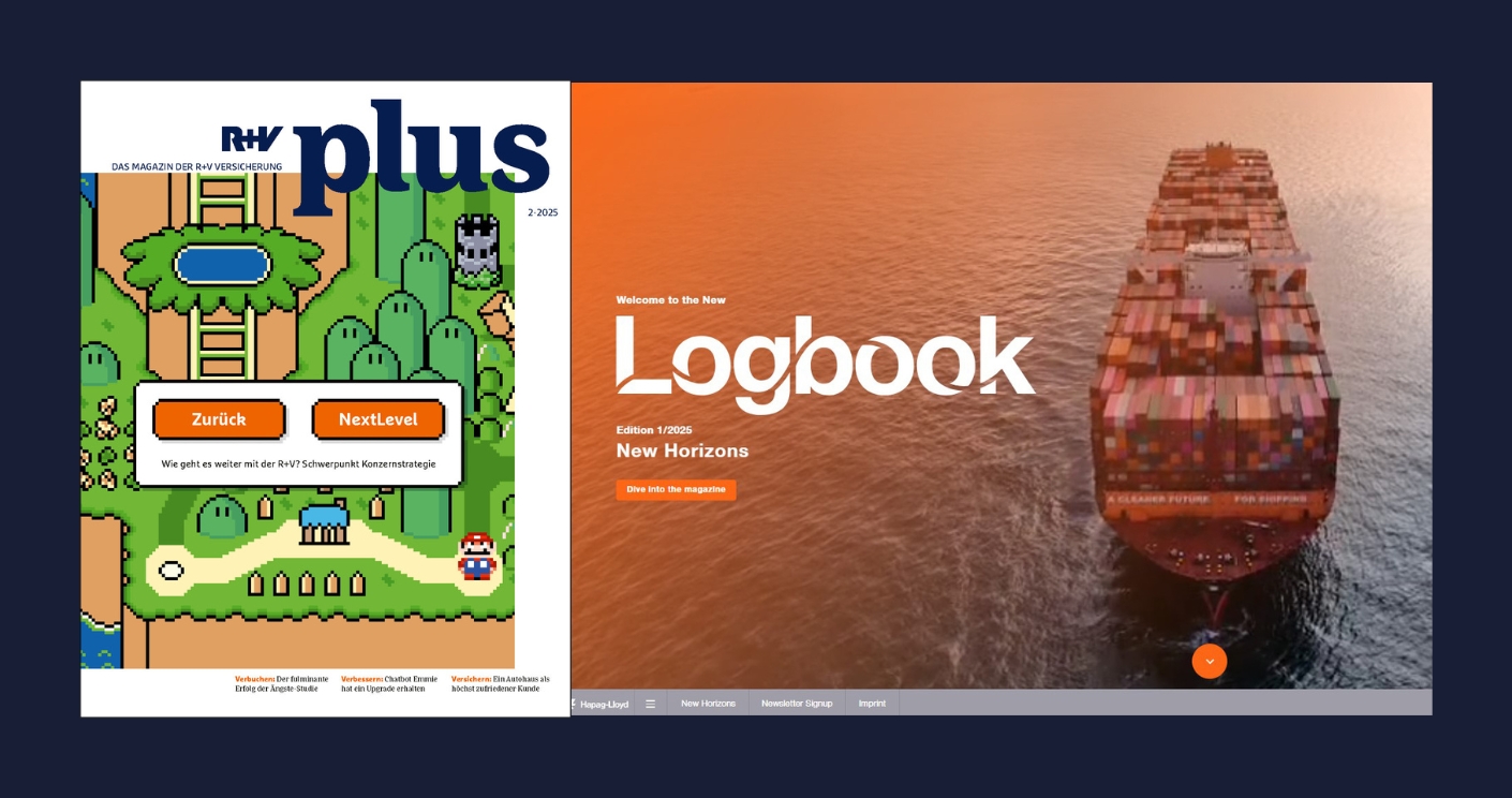 Zwei Magazin-Cover: Links ein buntes Cover im Gaming-Stil von R+V, rechts ein modernes Cover mit einem Containerschiff auf Wasser von Hapag-Lloyd.