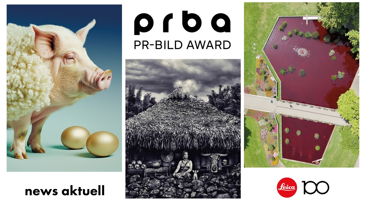 Drei Bilder: ein Schwein, Eier, eine Hütte und ein Teich. Text: PR-Bild Award, Abstimmung bis 24. September 2025.