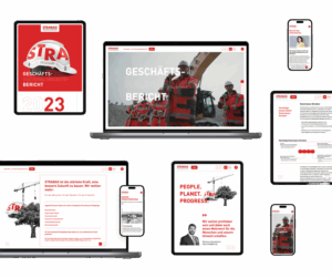 Collage von Geräten mit Unternehmensberichten, darunter Laptops, Smartphones und Tablets, auf schwarzem Hintergrund.