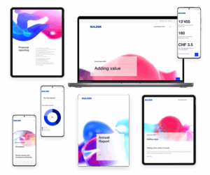 Verschiedene digitale Geräte zeigen den Sulzer-Jahresbericht mit bunten Grafiken und Finanzinformationen.