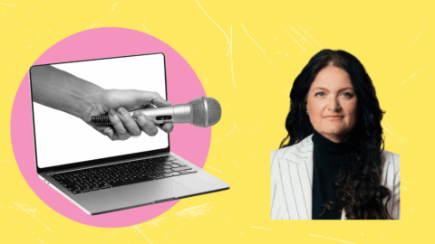 Annette Siragusano neben einem Laptop mit einem Mikrofon in einer Hand auf gelbem Hintergrund.© Getty Images/beast01, Gestaltung: Quadriga Media, Foto: Viktor Schanz