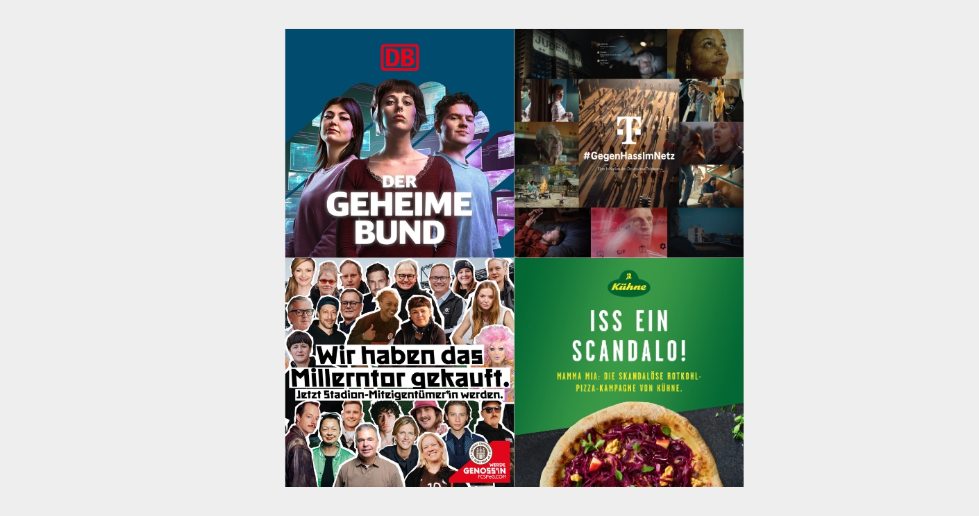 Collage aus vier Kampagnenmotiven: "Der geheime Bund", "Gegen Hass im Netz", "Wir haben das Millentor gekauft - jetzt Stadion-Miteigentümer*in werden", "Iss ein Skandalo! Mamma Mia: Die skandalöse Rotkohl-Pizza-Kampagne von Kühne"