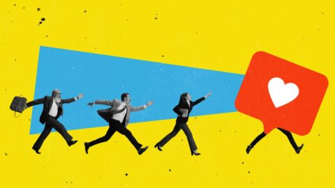 Collage: Menschen in Anzügen rennen vor gelbem Hintergrund einer stilisierten Figur mit einem Social-Media-Herzen als Kopf hinterher.
