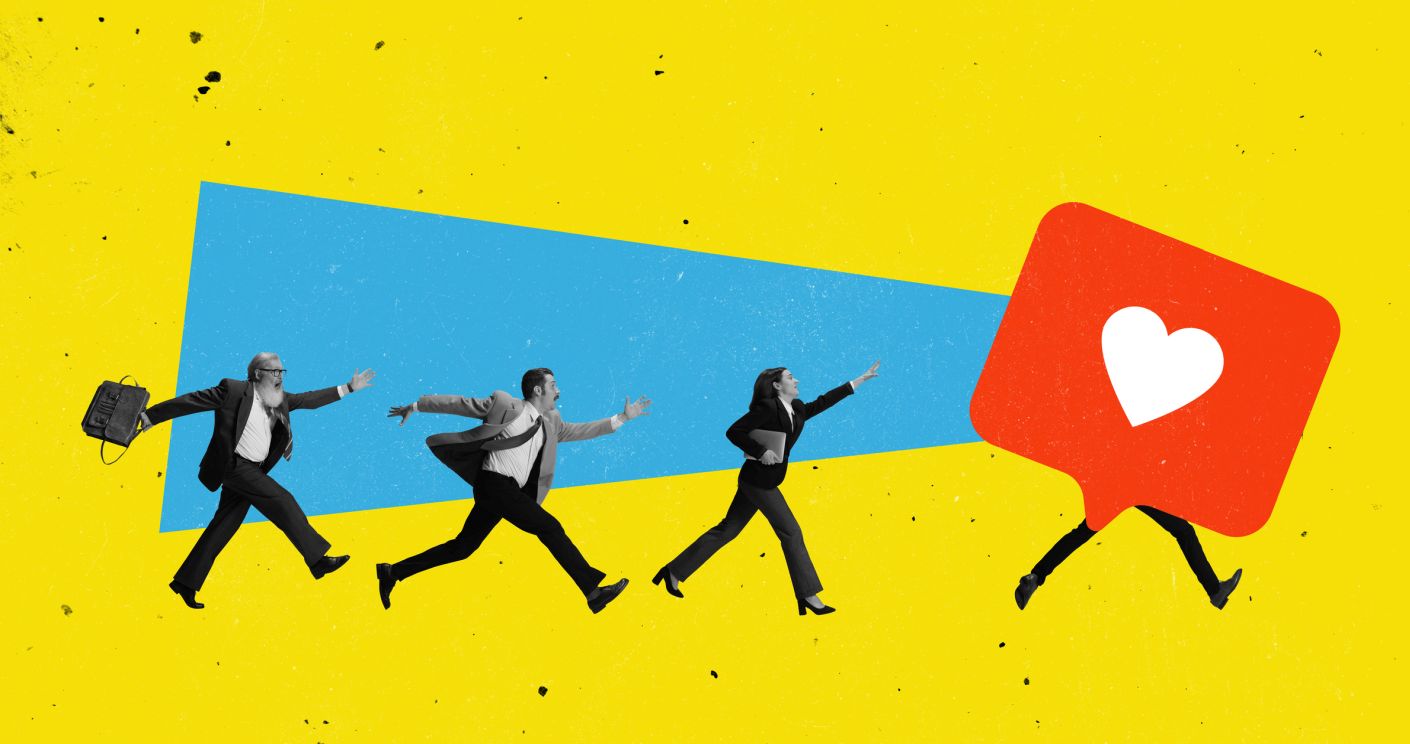 Collage: Menschen in Anzügen rennen vor gelbem Hintergrund einer stilisierten Figur mit einem Social-Media-Herzen als Kopf hinterher.
