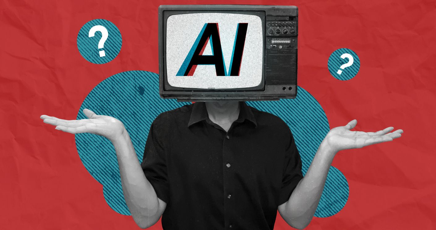 Mensch mit Fernseher als Kopf, der verwirrt wirkt, vor rotem Hintergrund mit Fragezeichen und dem Schriftzug "AI".