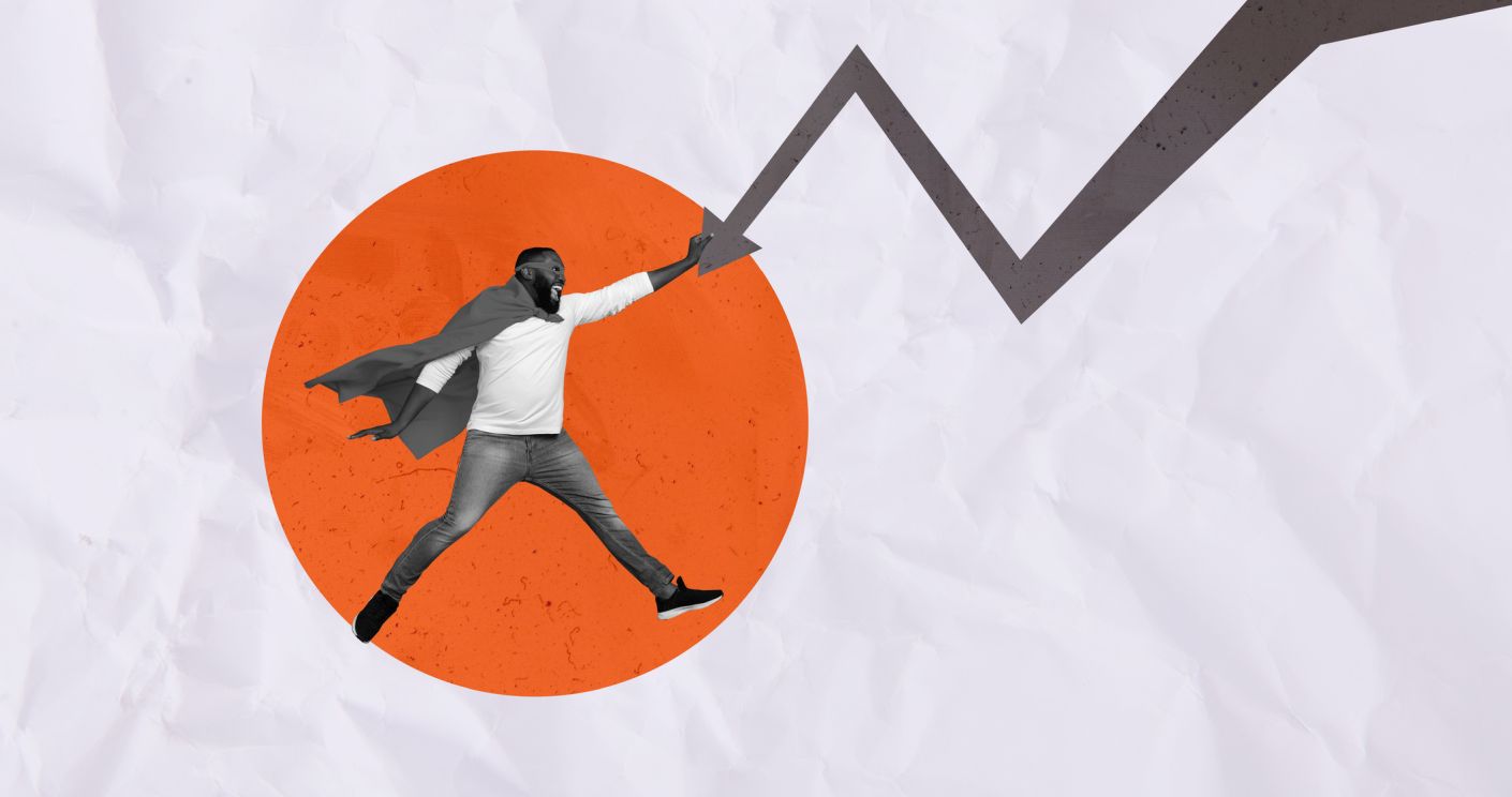 Collage eines Geschäftsmanns mit Superhelden-Umhang in einem roten Kreis, der einen Zickzack-Pfeil abwehrt.