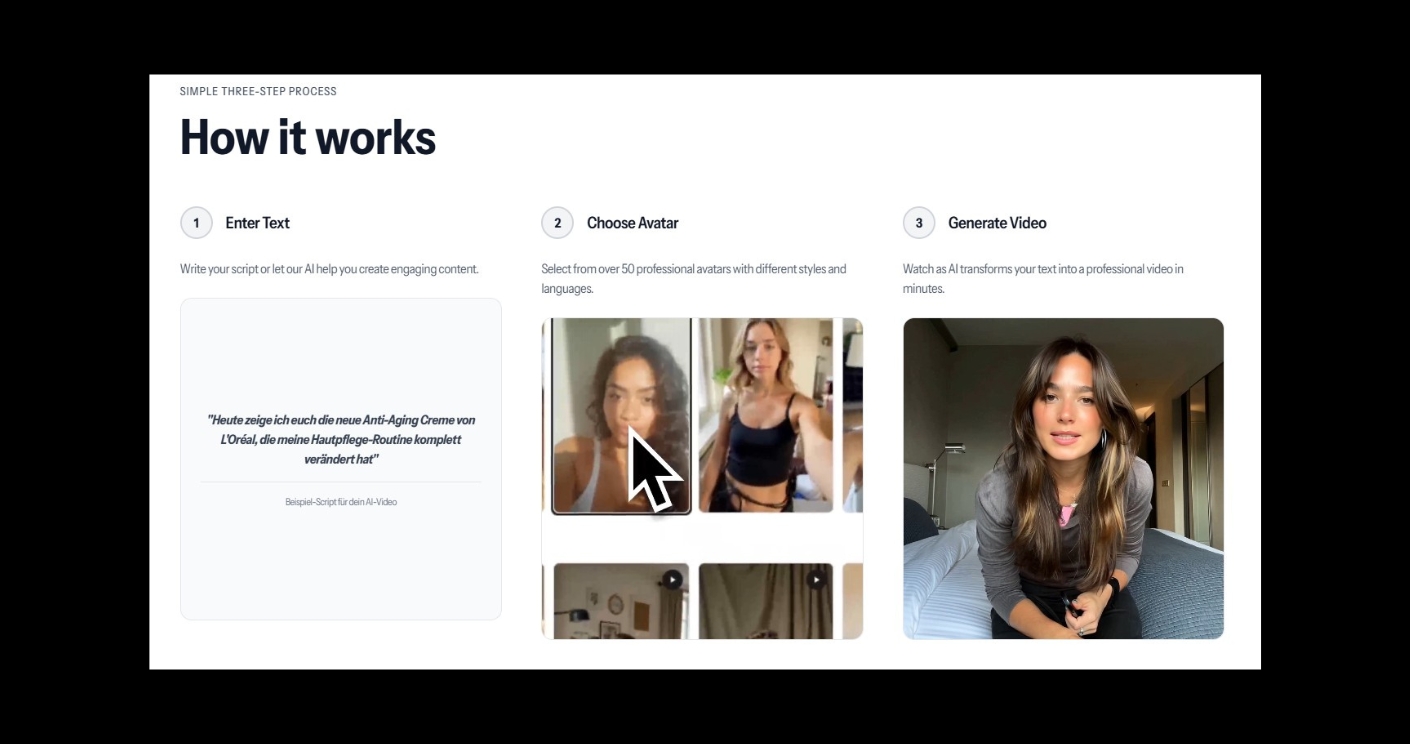 Screenshot einer Website mit drei Schritten zur KI-Influencer-Videoerstellung: Text eingeben, Avatar wählen, Video generieren.