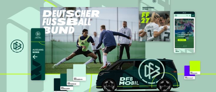 Logo des DFB, Spieler im Training, mobile App und Fahrzeugdesign in modernen Farben und Layouts.