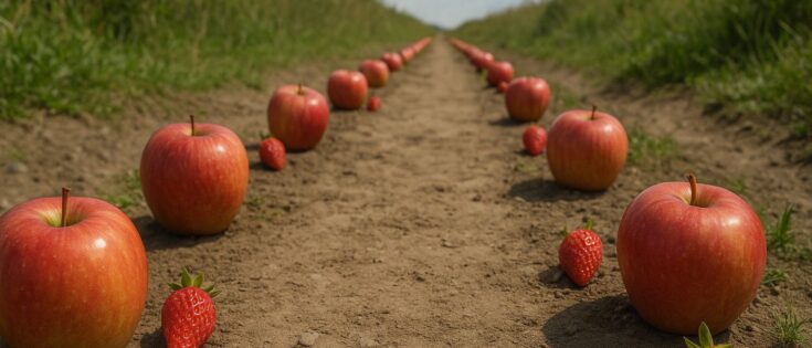 Ein schmaler Weg zwischen Wiesen, gesäumt von roten Äpfeln und Erdbeeren auf dem Boden.