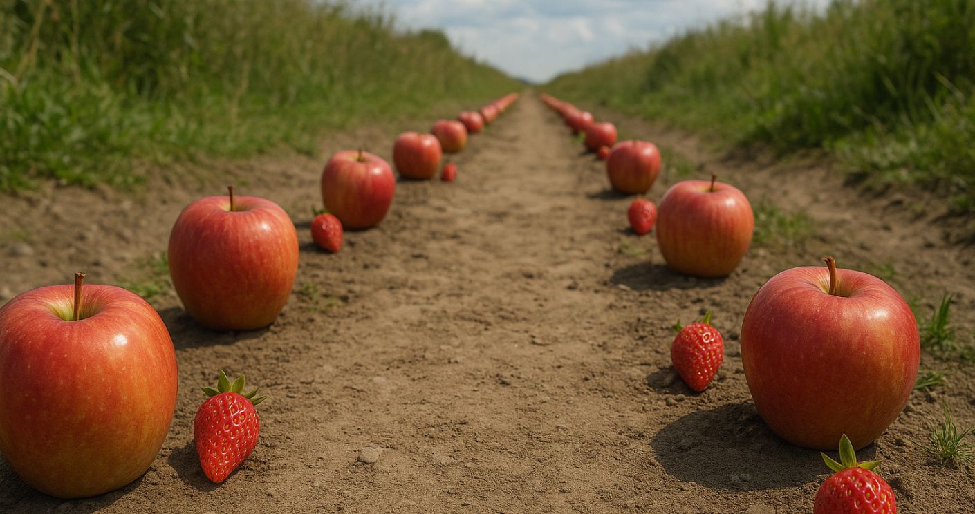 Ein schmaler Weg zwischen Wiesen, gesäumt von roten Äpfeln und Erdbeeren auf dem Boden.