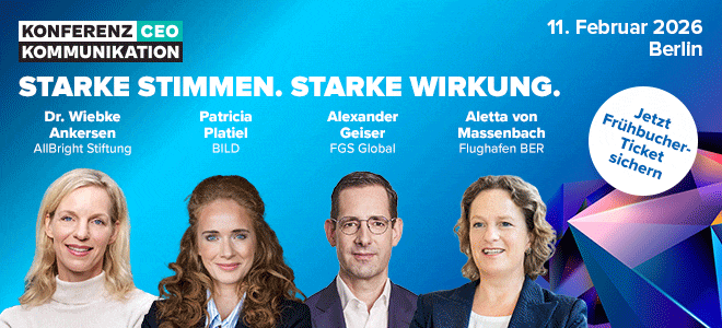 ceo26_660x300 | KOM - Magazin für Kommunikation Vier Porträts von Sprechern auf einer Konferenz, darunter Dr. Wiebke Ankersen und Patricia Platiel, mit Datum und Ort.