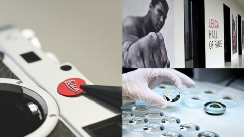 Nahaufnahme einer Leica-Kamera, daneben Bilder von der Leica Hall of Fame und einer Person, die Linsen bearbeitet.