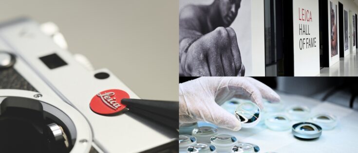 Nahaufnahme einer Leica-Kamera, daneben Bilder von der Leica Hall of Fame und einer Person, die Linsen bearbeitet.