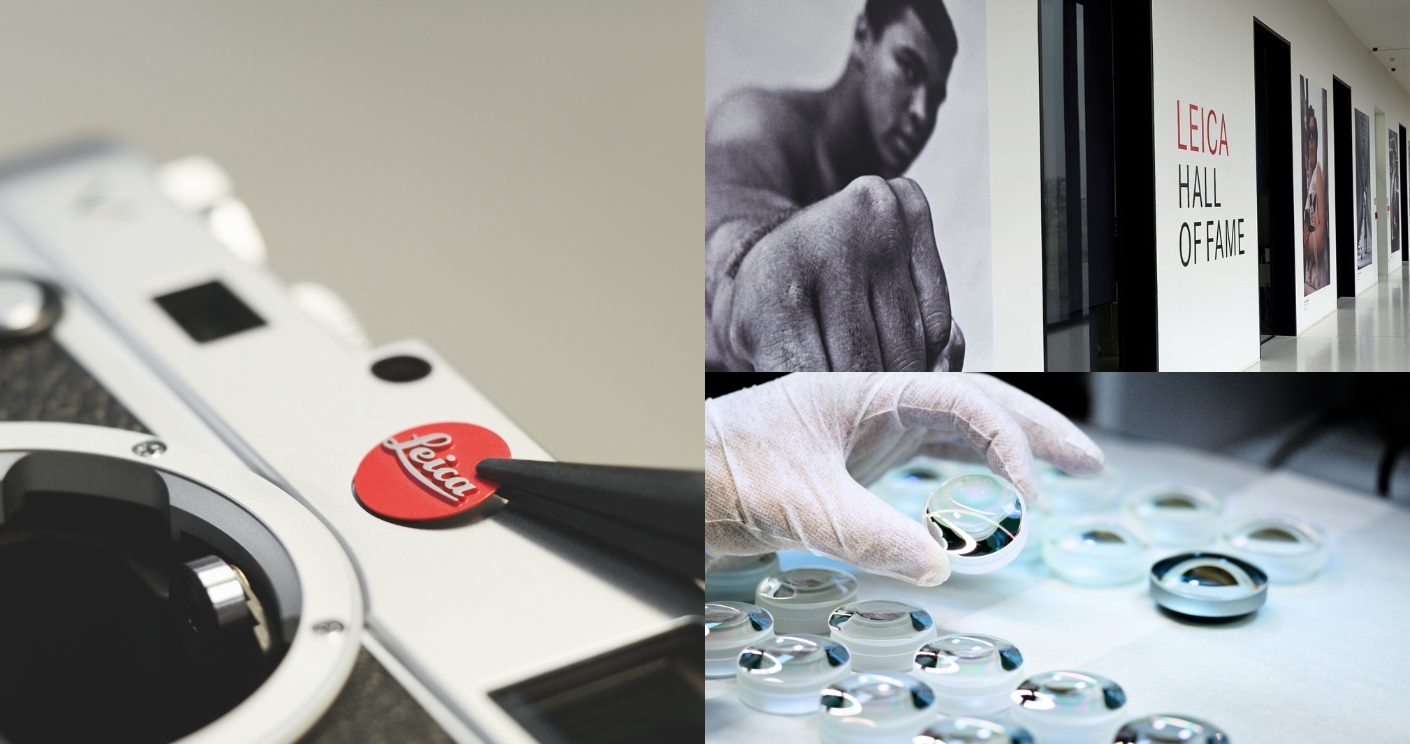 Nahaufnahme einer Leica-Kamera, daneben Bilder von der Leica Hall of Fame und einer Person, die Linsen bearbeitet.