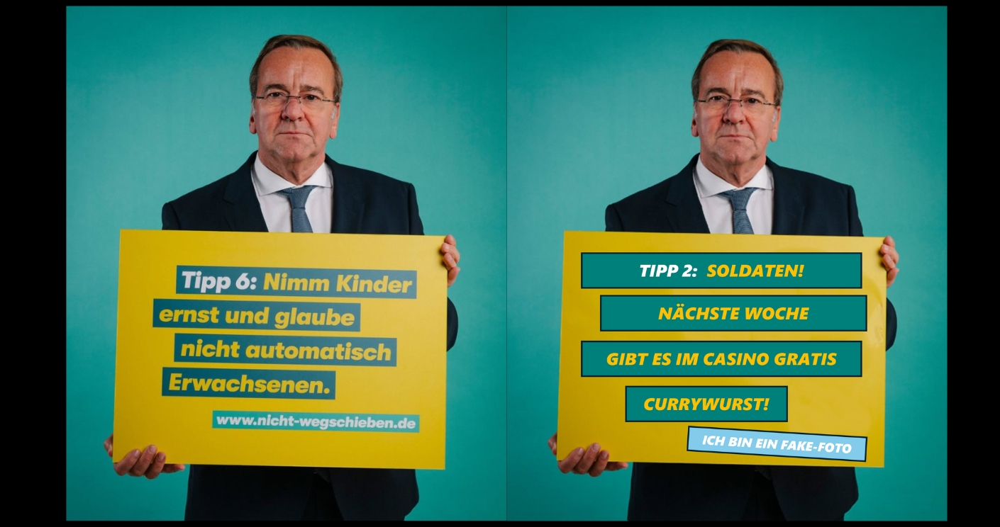 Wie wird man zum Meme? Bundesverteidigungsminister Boris Pistorius liefert eine Steilvorlage. Links das Original, rechts eine bearbeitete Version. © Screenshot Instagram, rechts bearbeitet von Tom Buschardt.