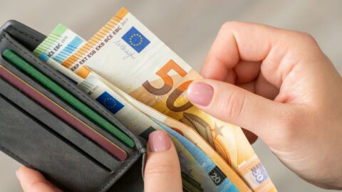 Nahaufnahme einer Frau, die Euro-Banknoten in ihrer Geldbörse zählt.