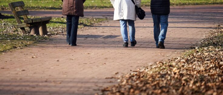 Drei Erwachsene in Winterkleidung gehen von hinten durch einen Parkweg, umgeben von Laub und einer Parkbank.