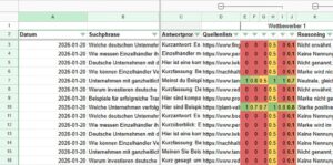 Excel-Tabelle mit Daten zu Suchanfragen, Antworten und Quellen, farblich hervorgehoben für Übersichtlichkeit.