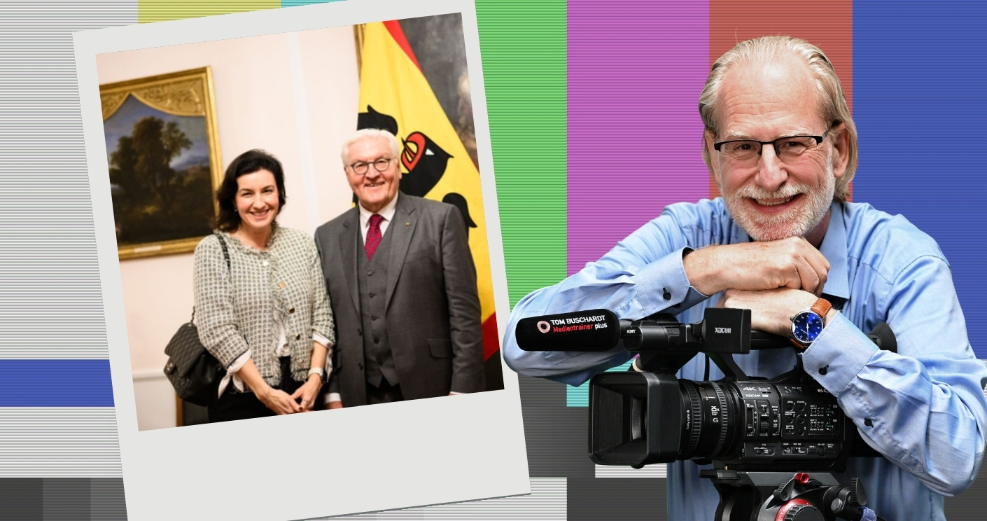 Forschungsministerin Dorothee Bär mit dem Bundespräsidenten. Ein Foto, dem es an Sorgfalt mangelt, meint Experte Tom Buschardt. © Screenshot Instagram / Bundesregierung / Sandra Steins; Lars Buschardt; Collage: Quadriga Media Berlin