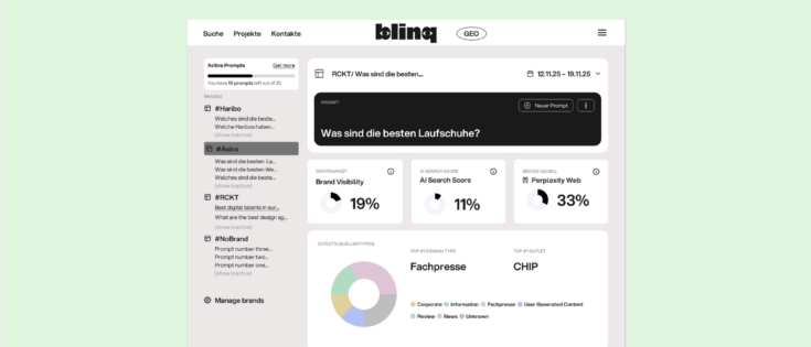 Screenshot einer Benutzeroberfläche des GEO-Tools blinq mit Grafiken und Statistiken zur Markenanalyse.