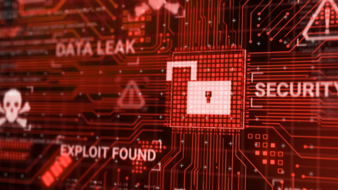 Grafik mit rotem Hintergrund, die Symbole für Cyber-Sicherheit, Datenlecks und Hacker-Angriffe zeigt.