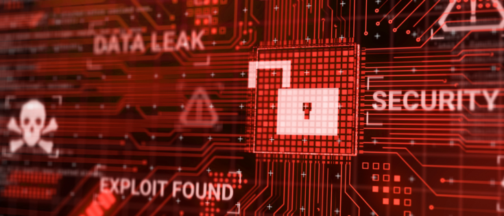 Grafik mit rotem Hintergrund, die Symbole für Cyber-Sicherheit, Datenlecks und Hacker-Angriffe zeigt.