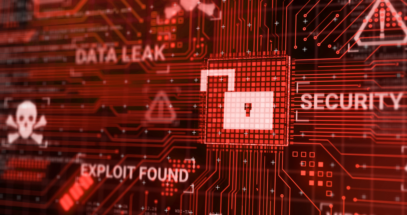 Grafik mit rotem Hintergrund, die Symbole für Cyber-Sicherheit, Datenlecks und Hacker-Angriffe zeigt.