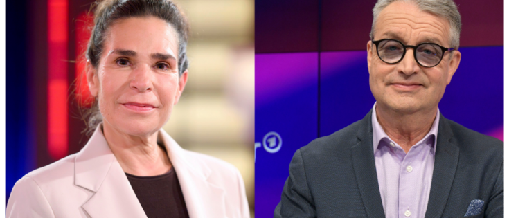 Porträt von zwei Personen, eine Frau mit dunklen Haaren in einem weißen Blazer und ein Mann mit grauen Haaren.