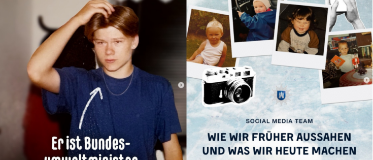 Junger Mann in blauer T-Shirt mit Kette, daneben Fotos von Kindern in verschiedenen Situationen und einer Kamera.