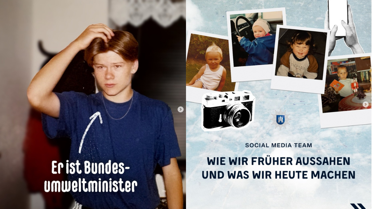 Junger Mann in blauer T-Shirt mit Kette, daneben Fotos von Kindern in verschiedenen Situationen und einer Kamera.