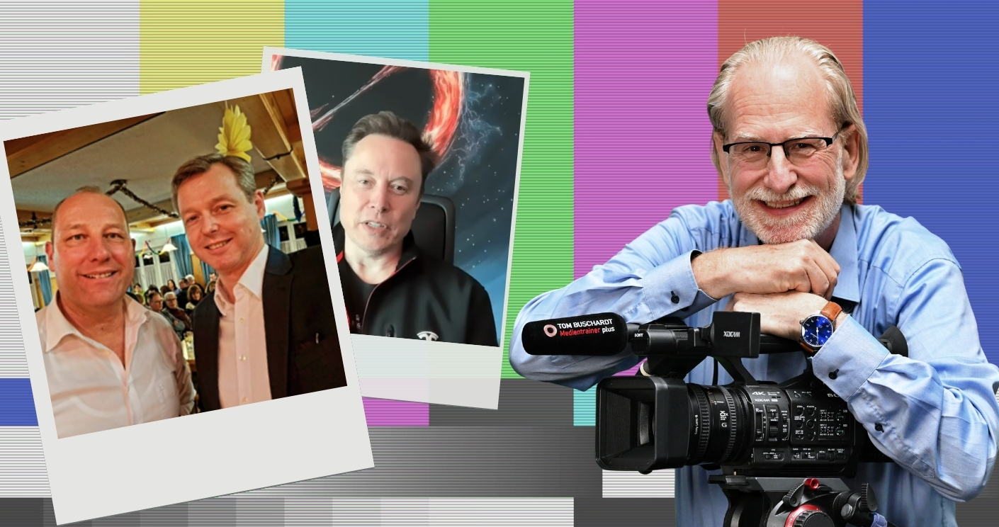 Collage aus Fotos von zwei Männern, einem Mann am Computer und einem Kameramann vor buntem Hintergrund.