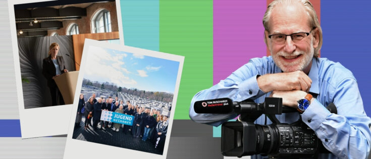 Collage mit Bildern von Karin Prien und einer Gruppe, umgeben von bunten Streifen und einer Kamera.