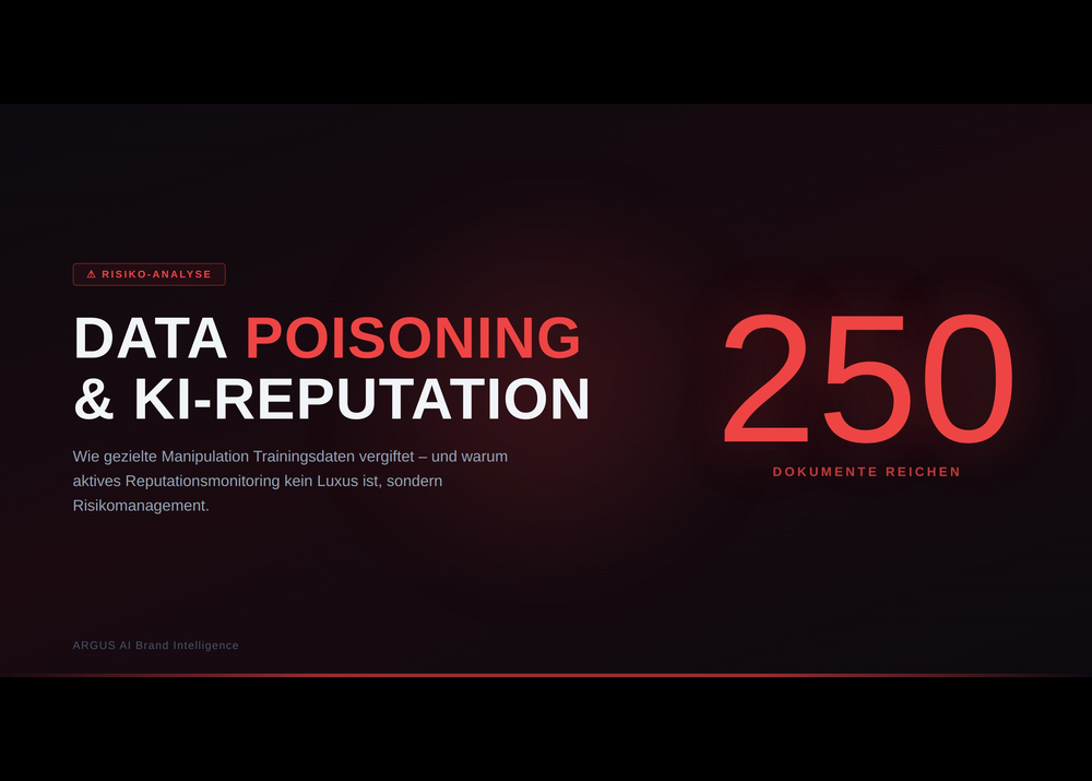 Grafik mit Titel "Data Poisoning & KI-Reputation", zeigt Text über Risikoanalyse und Bedeutung von Dokumenten in der KI.