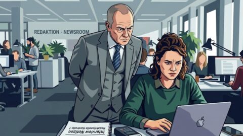 Ein Mann in Anzug steht hinter einer Frau am Laptop in einem modernen Büro, während andere Mitarbeiter arbeiten.